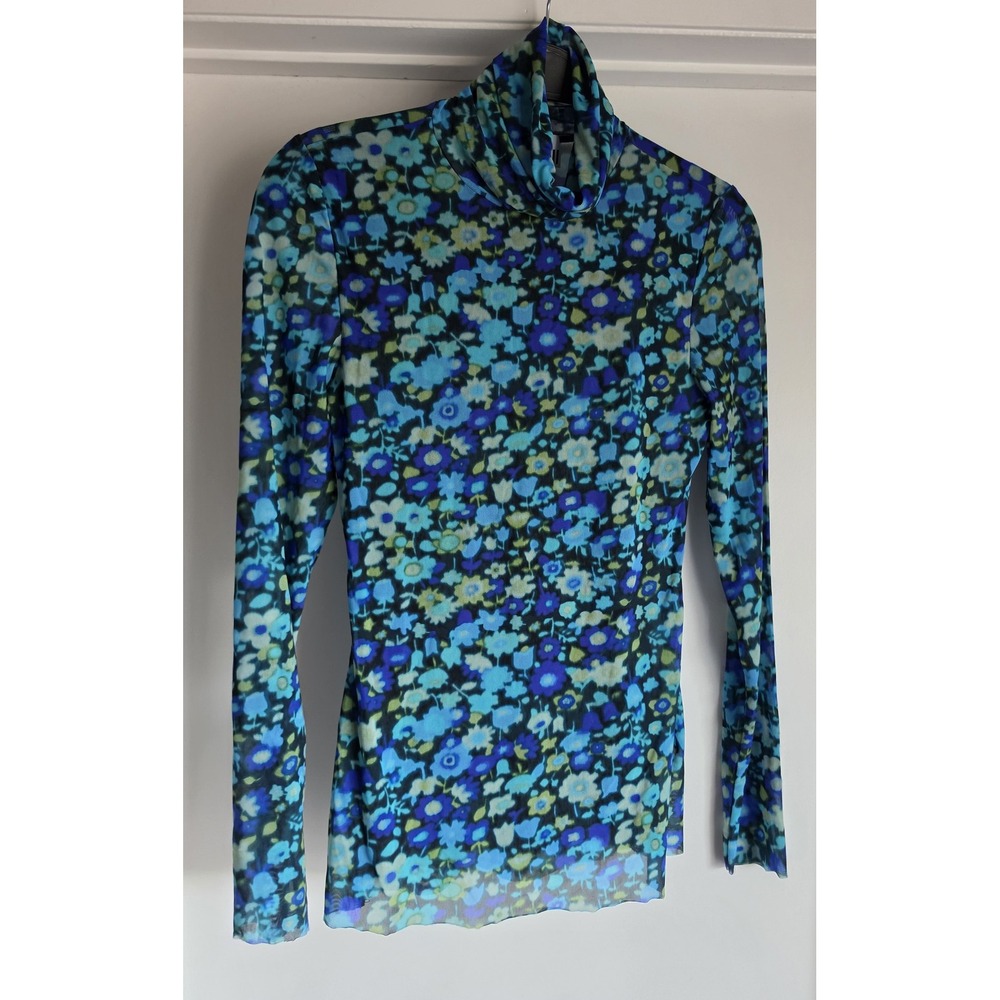 GANNI Women Floral Turtleneck Long Sleeve Top Size 36 Blue Blouse Shirt